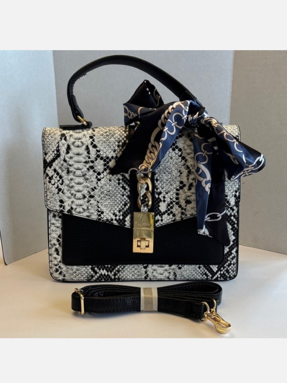 Aldo Black and White Snake-Print Satchel with Scarf Accent